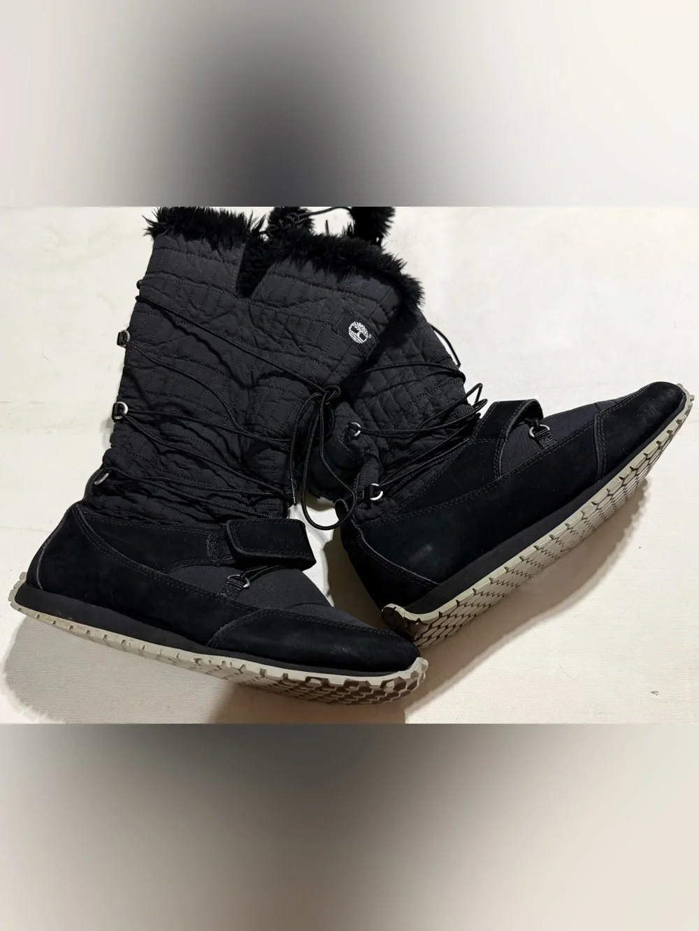 Timberland Black Quilted Lace-Up Winter Boots with Faux Fur Trim